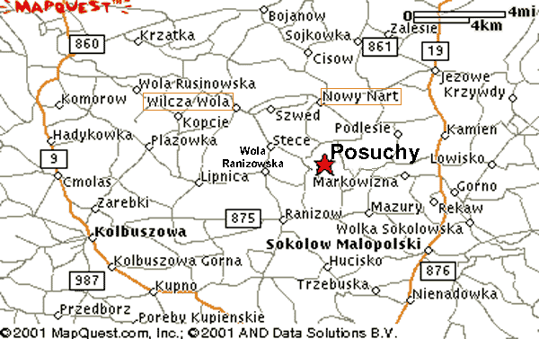 The region of southeastern Poland where John Lasica, his son Jakub and his other children may have been born, in Posuchy, near Ranizow (141.6 miles SSE of Warsaw). Jakub Lasica moved his family to Wilcza Wola, and some of his children were baptized in Nowy Nart.